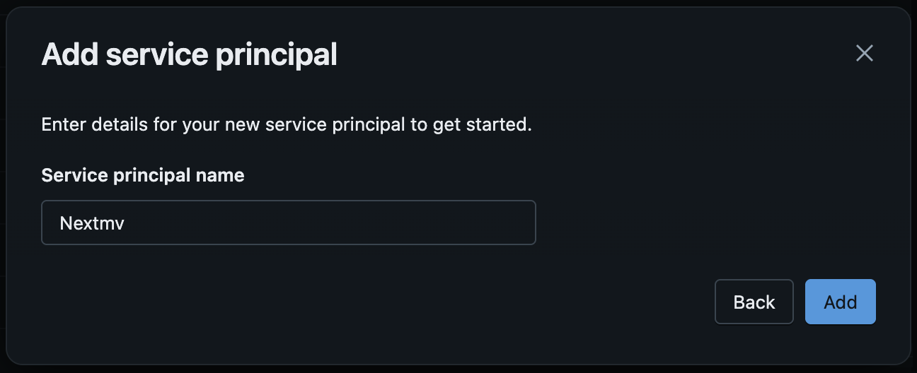 Screenshot of modal in Databricks showing the field to enter a name for the service principal with the Add button