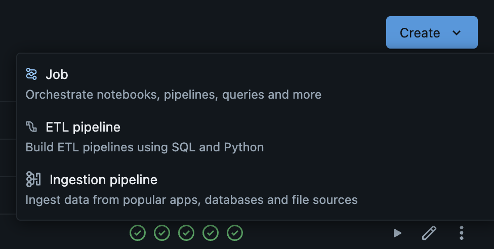 Screenshot of modal in Databricks after clicking the Create button showing Job as one of the options