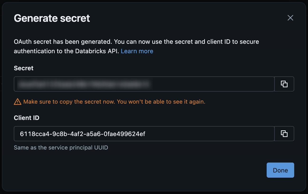 Screenshot of modal in Databricks showing the second screen after generating an Oauth secret: shows the secret and client ID with a Done button