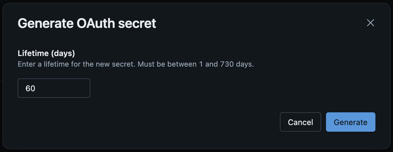 Screenshot of modal in Databricks showing the first screen for generating an Oauth secret: entering the lifetime in days with a Generate button