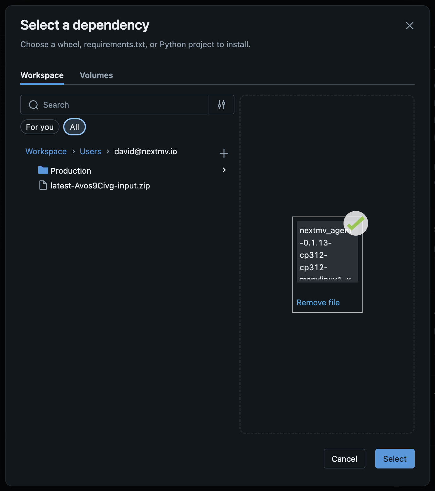 Screenshot of modal in Databricks showing the UI for uploading or selecting the Python wheel file