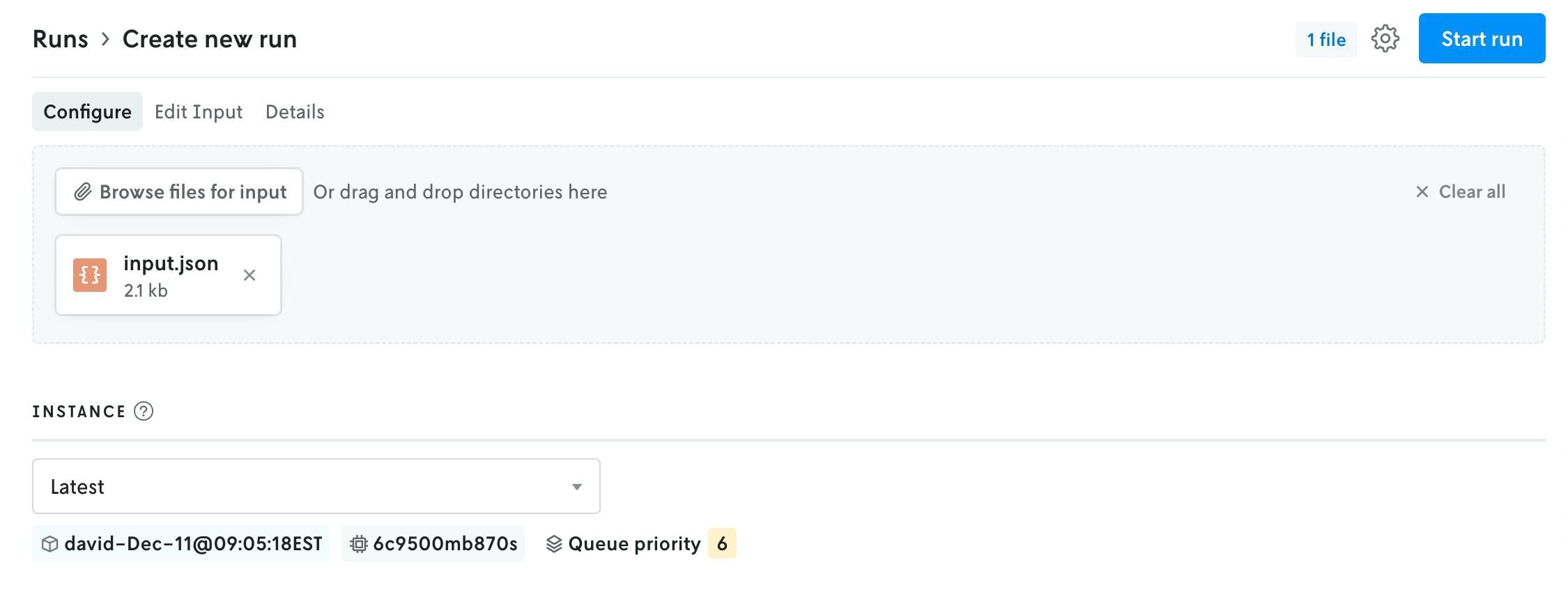 Screenshot of the create run view in
Nextmv