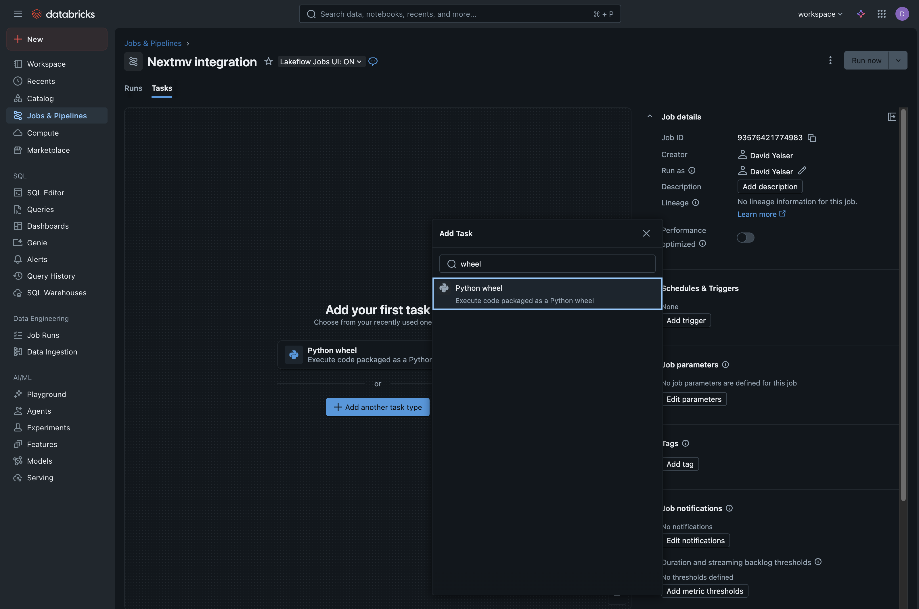 Screenshot in Databricks showing the UI to
select the Python wheel task
type
