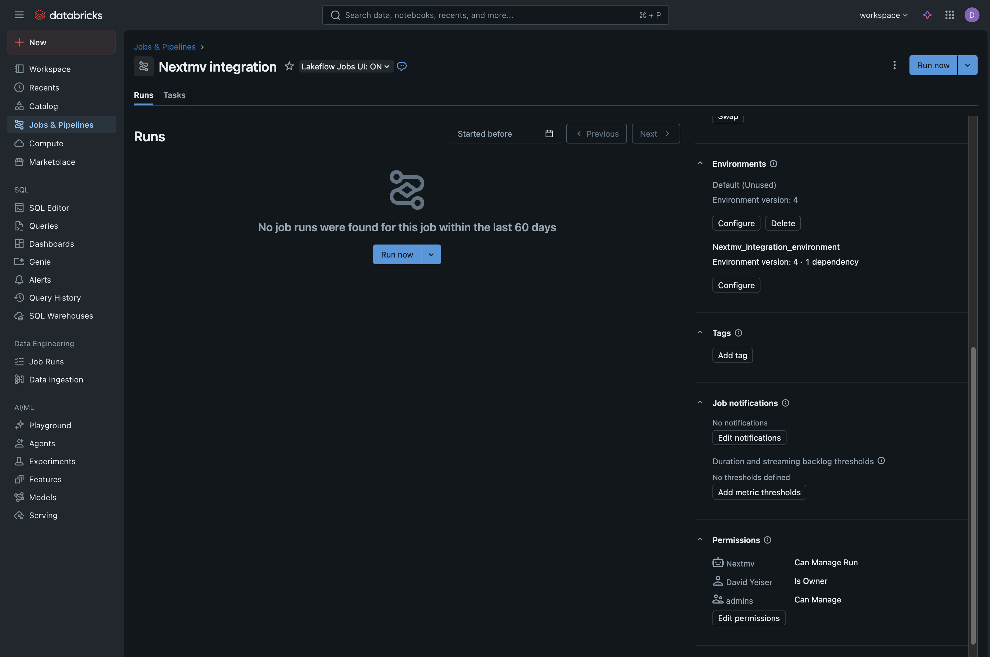 Screenshot showing the permissions section of the job with the service
principal saved.