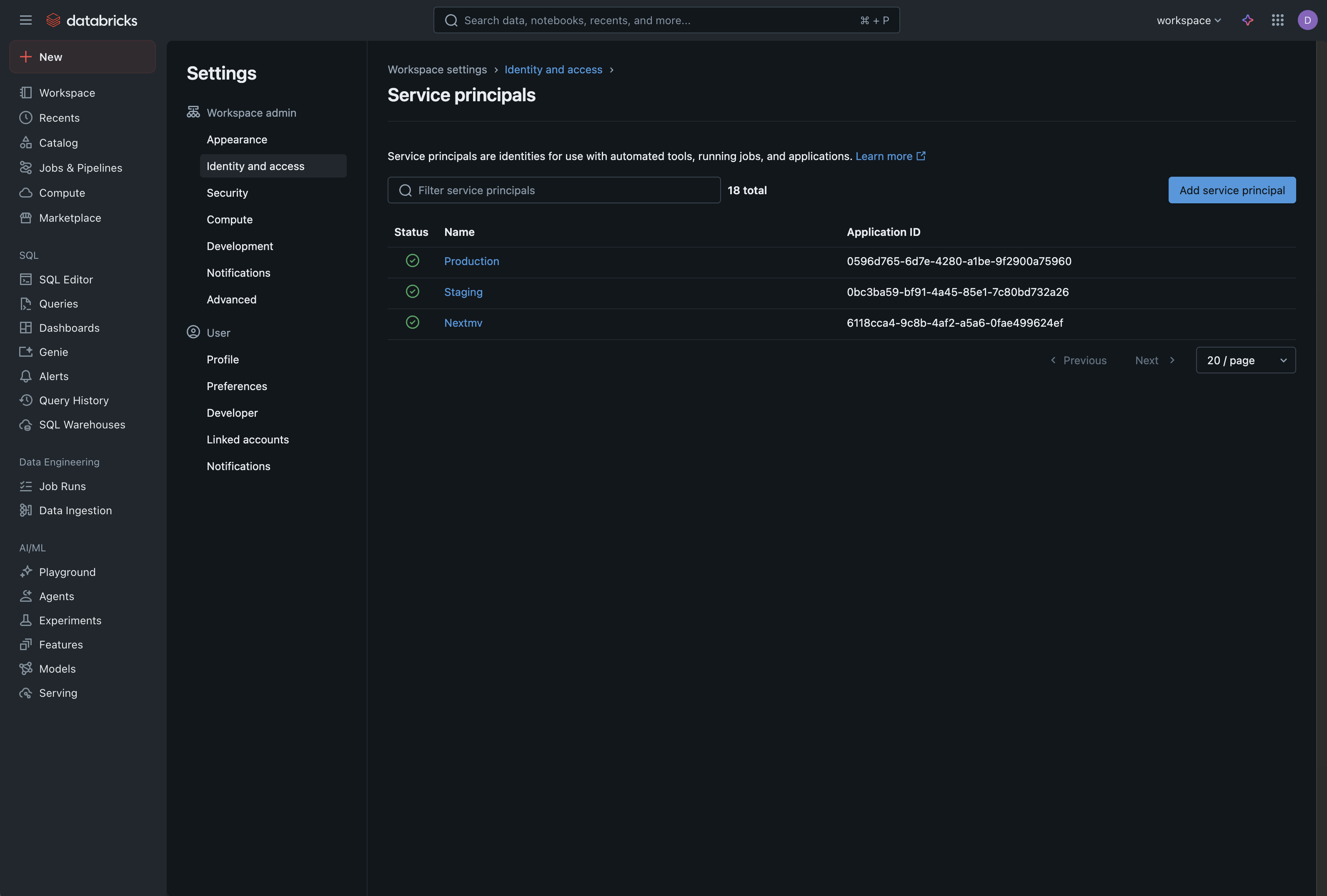 Databricks screenshot showing the newly created service principal in the
service principals list