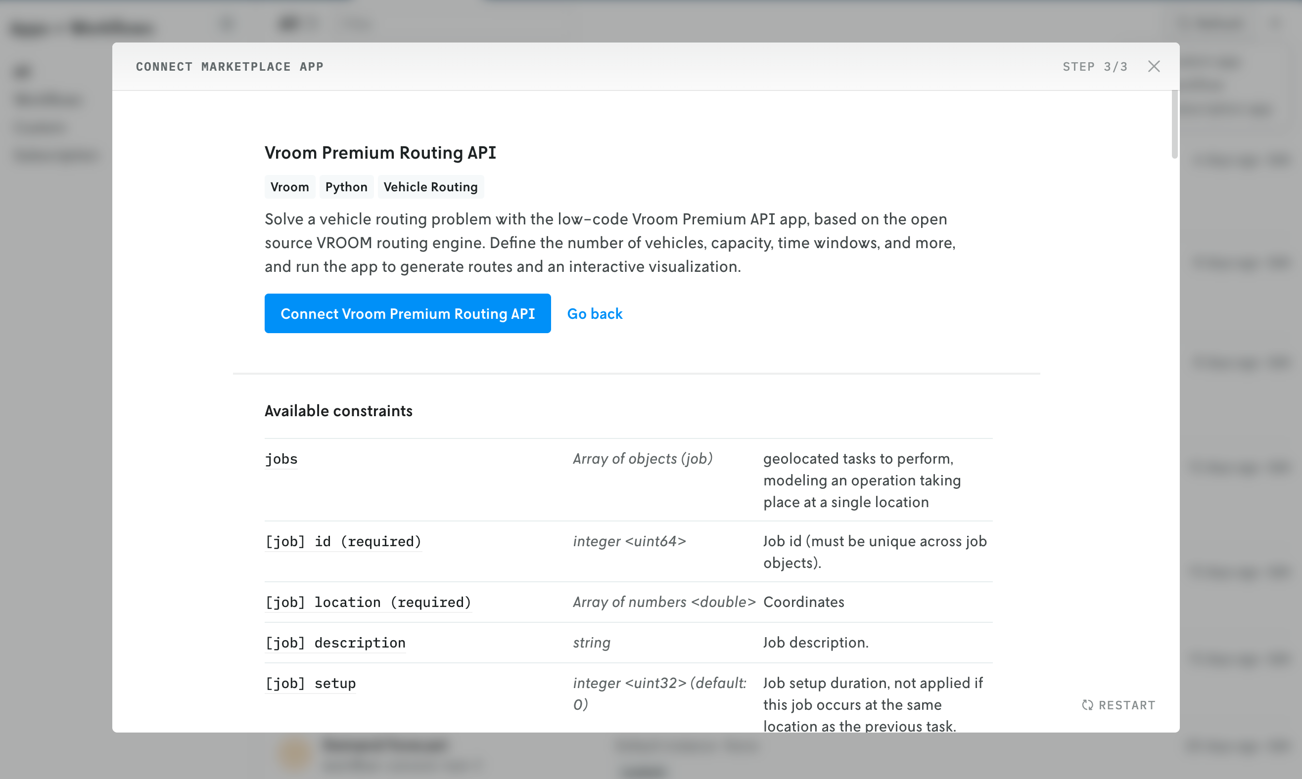Screenshot showing the overview screen of the Vroom Premium Routing API with a large blue Subscribe button.
