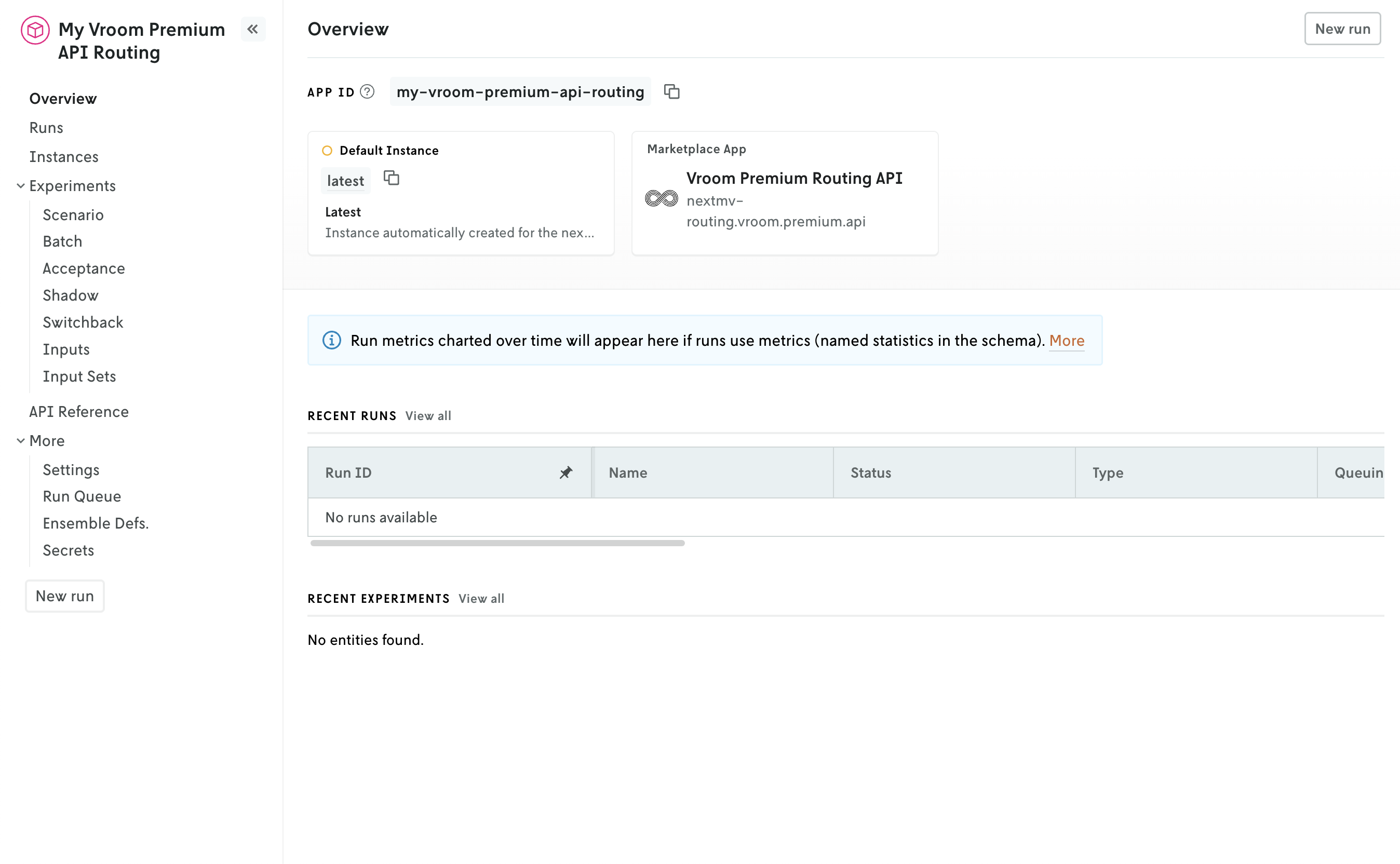 Screenshot showing the dashboard of the newly created subscription app, the first screen that appears when you click into the app details view.