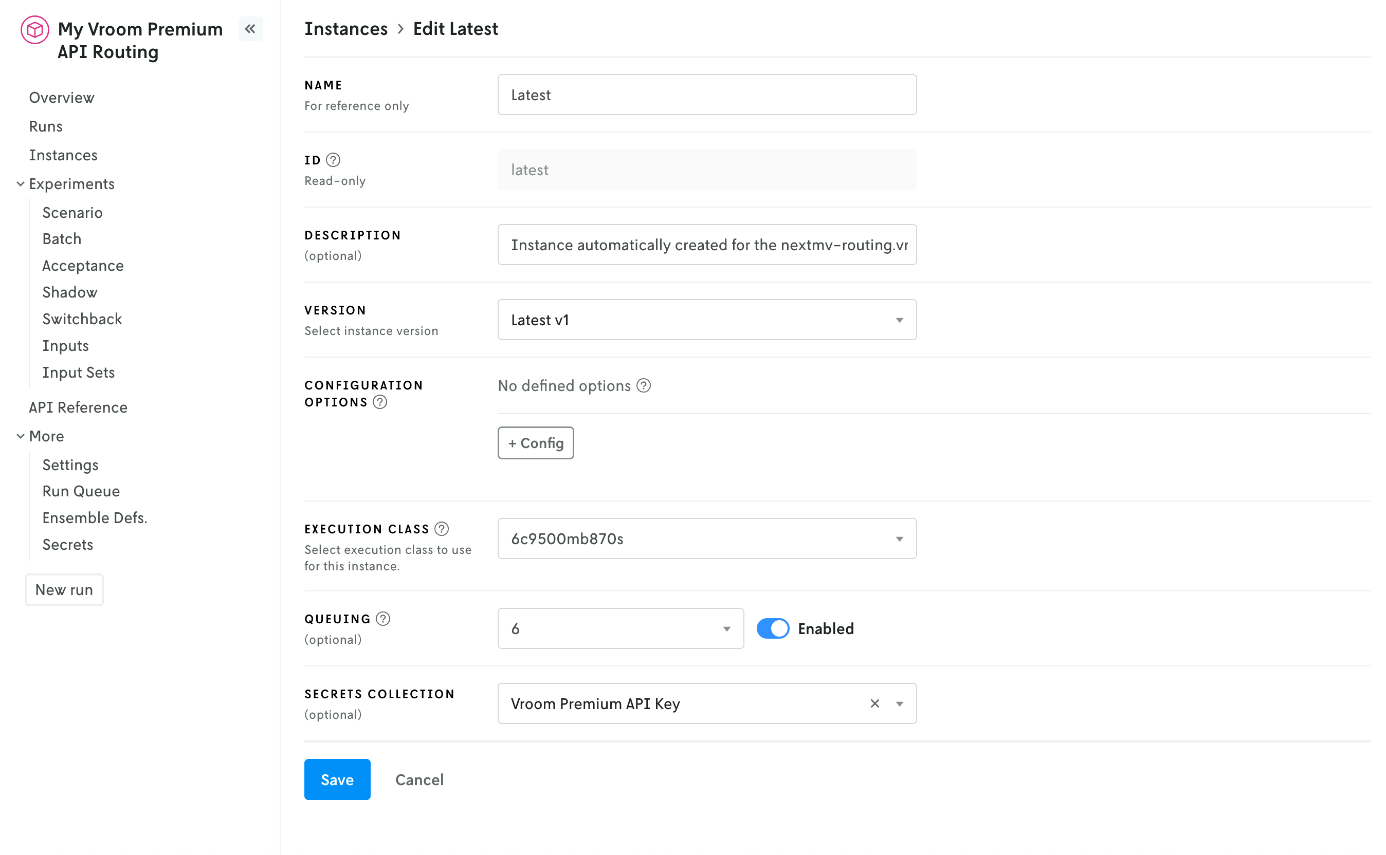 Screenshot showing the UI for editing an instance, at the bottom is the UI for selecting the newly created secret collection