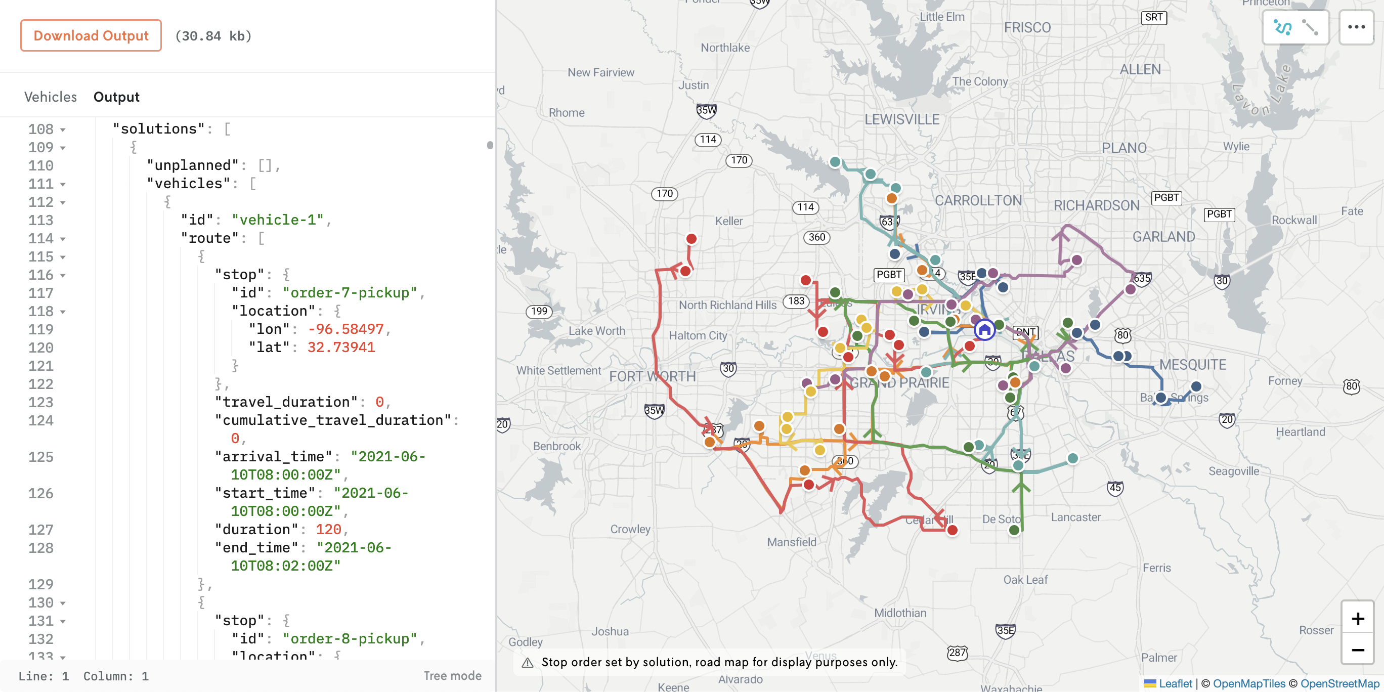 Screenshot of a routing result showing standard view of JSON output and routes on a map. Some of the JSON content is wrapped to the next line making it harder to read.