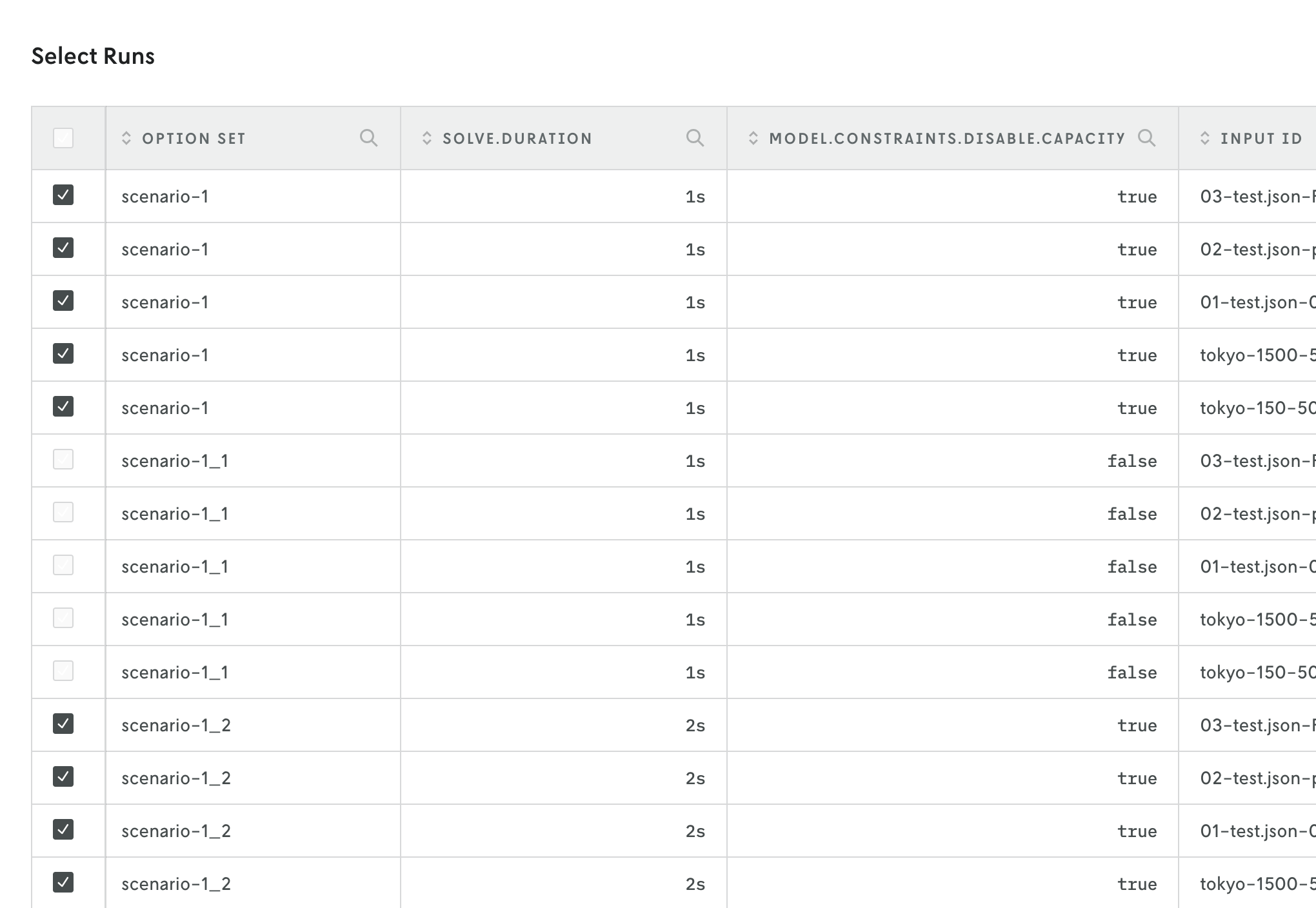 Table view showing planned runs, each row listing a single run with defining details and a checkbox control, with some runs deselected.