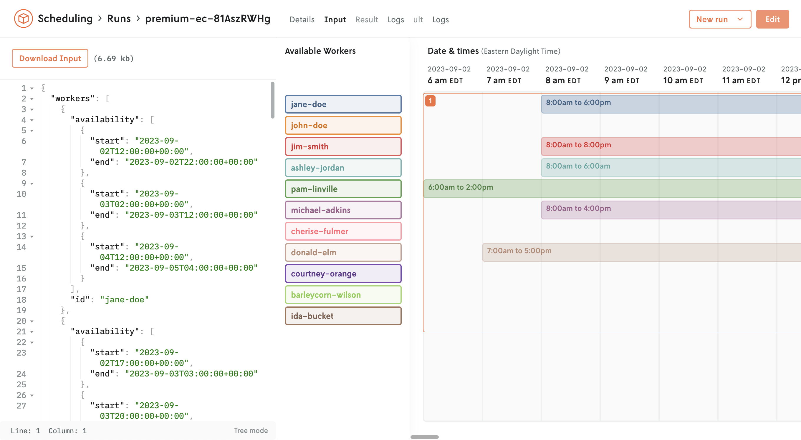 Screenshot of a shift scheduling app showing the input visualized while the run is queued.