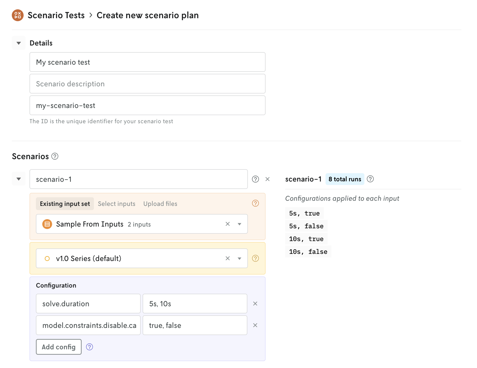 Screenshot showing the new create scenario test user interface.