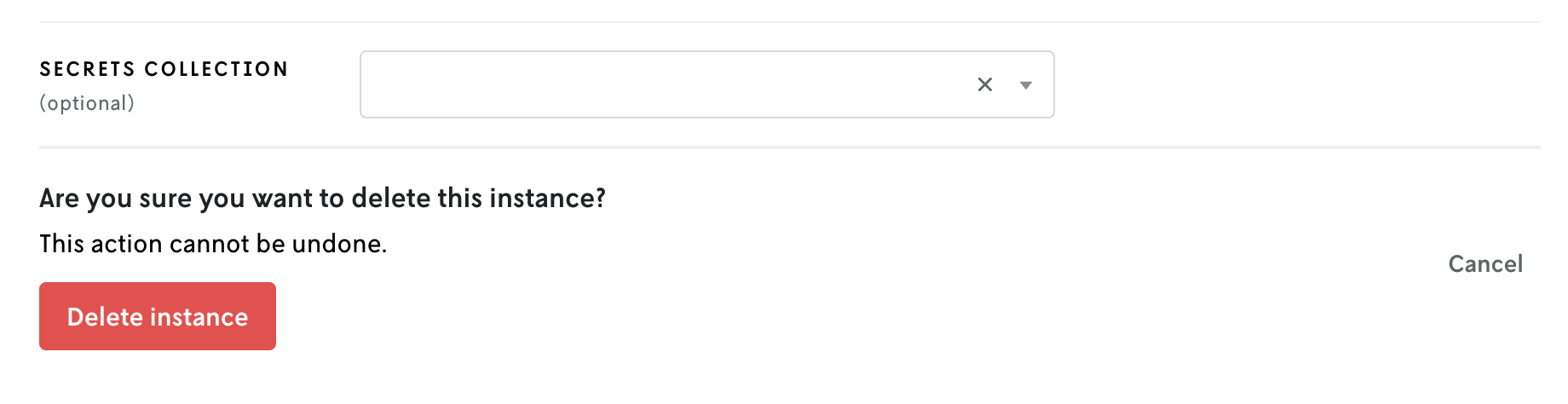 Screenshot showing the confirmation step asking if you want to delete the entity with a final, red Delete button.