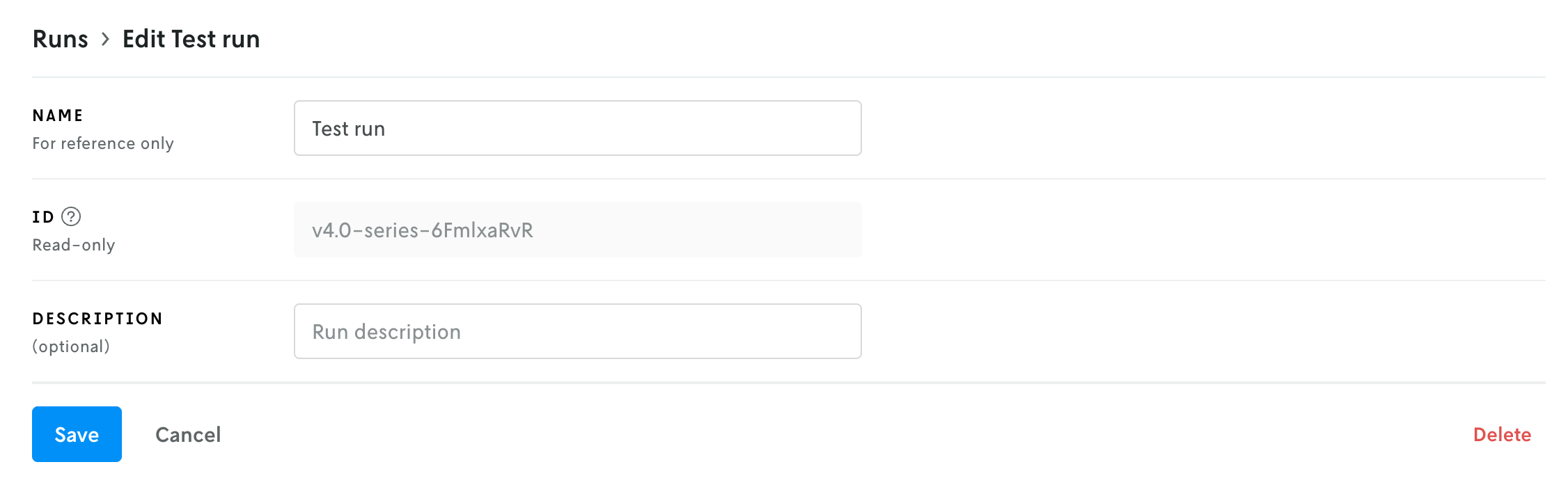 Screenshot of a sample run’s edit view with the Delete button shown in the lower right.