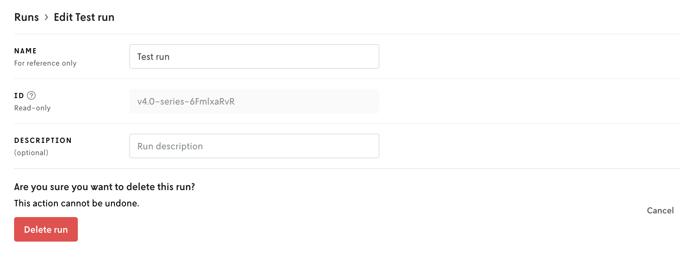 Screenshot of the confirm delete view with the final Delete run button shown on the left.
