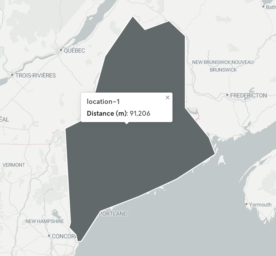 Screenshot of an example map feature polygon that has been clicked activating a popover panel that lists the ID of the attribute and its custom metadata (a key and value pair).