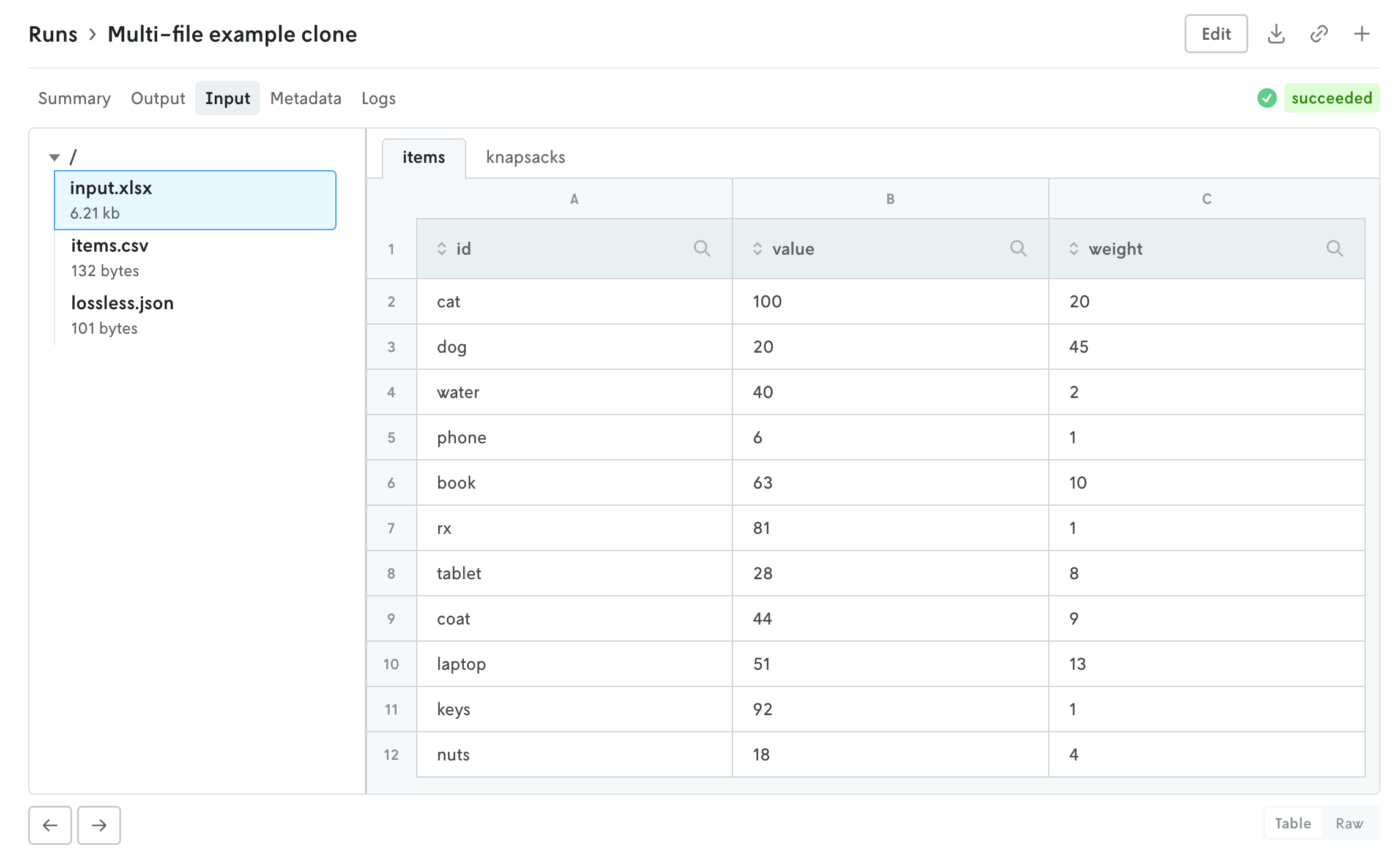 Screenshot showing the contents of a multi-file input; a sample XLSX spreadsheet file is active showing the contents of the spreadsheet in a traditional spreadsheet table view.