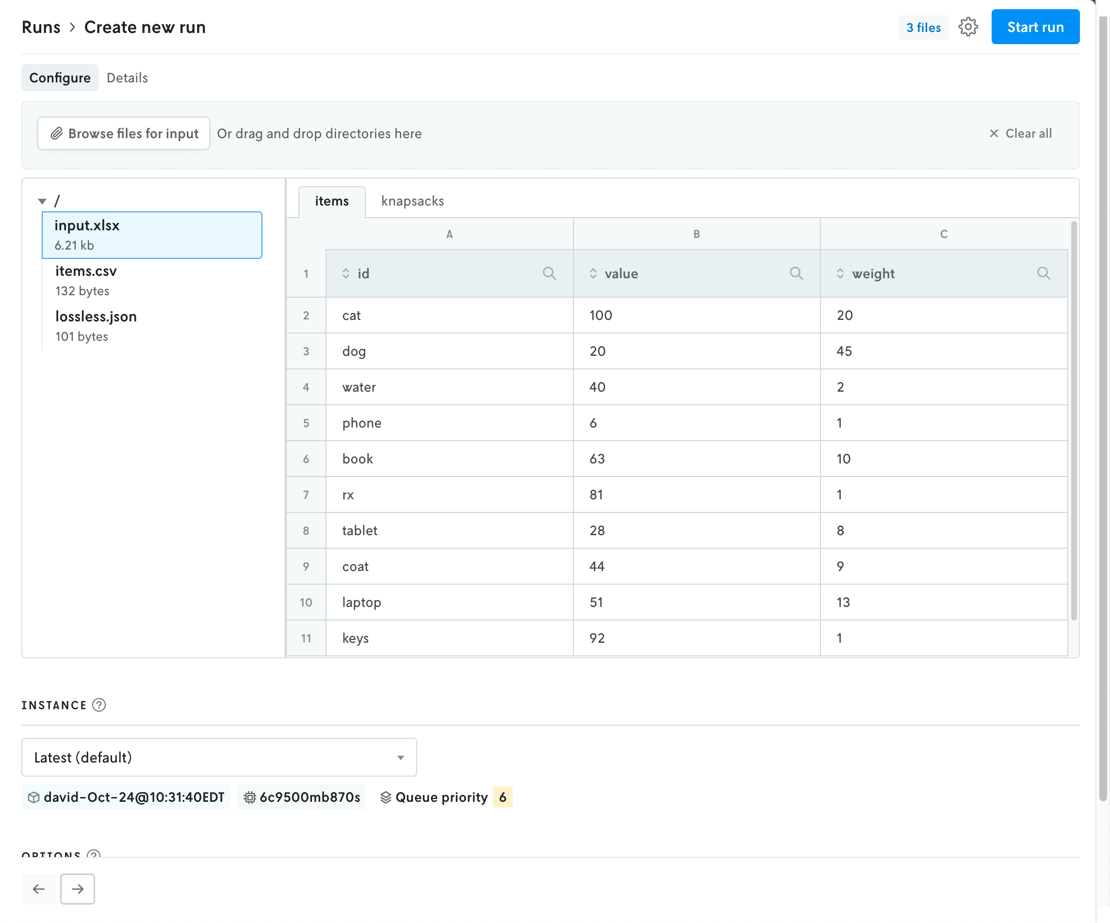 Screenshot showing the same create run view with multiple files that have been uploaded displayed in a multi-file viewer with the list of files on the left and the contents of the active file on the right.