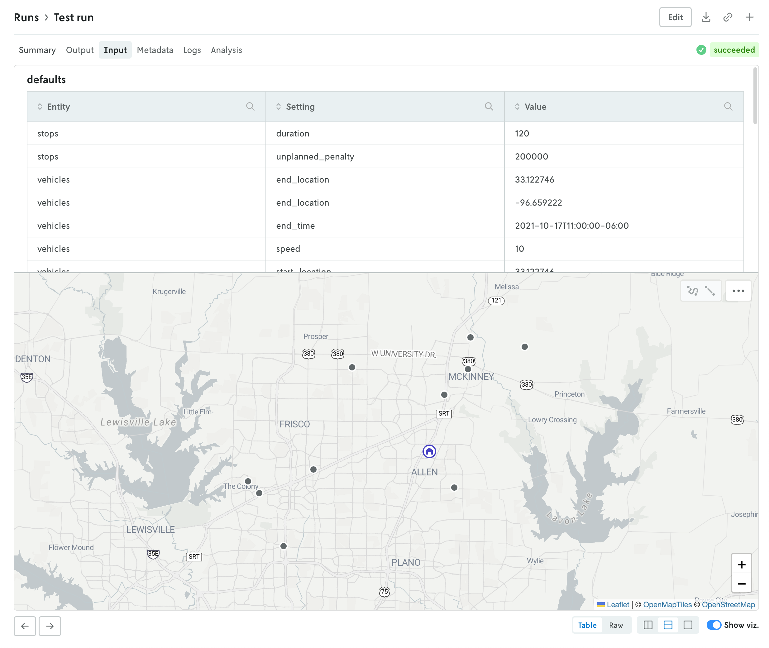 Screenshot of the run details view showing the run input; in this case a routing run with a visualization of the stops as points on a map in the lower half of the screen, and a table view of the input data in the upper half. At the bottom are controls to toggle the split view horizontally or vertically, or to switch to a single view; and there are control to toggle between the raw data view or the table view.