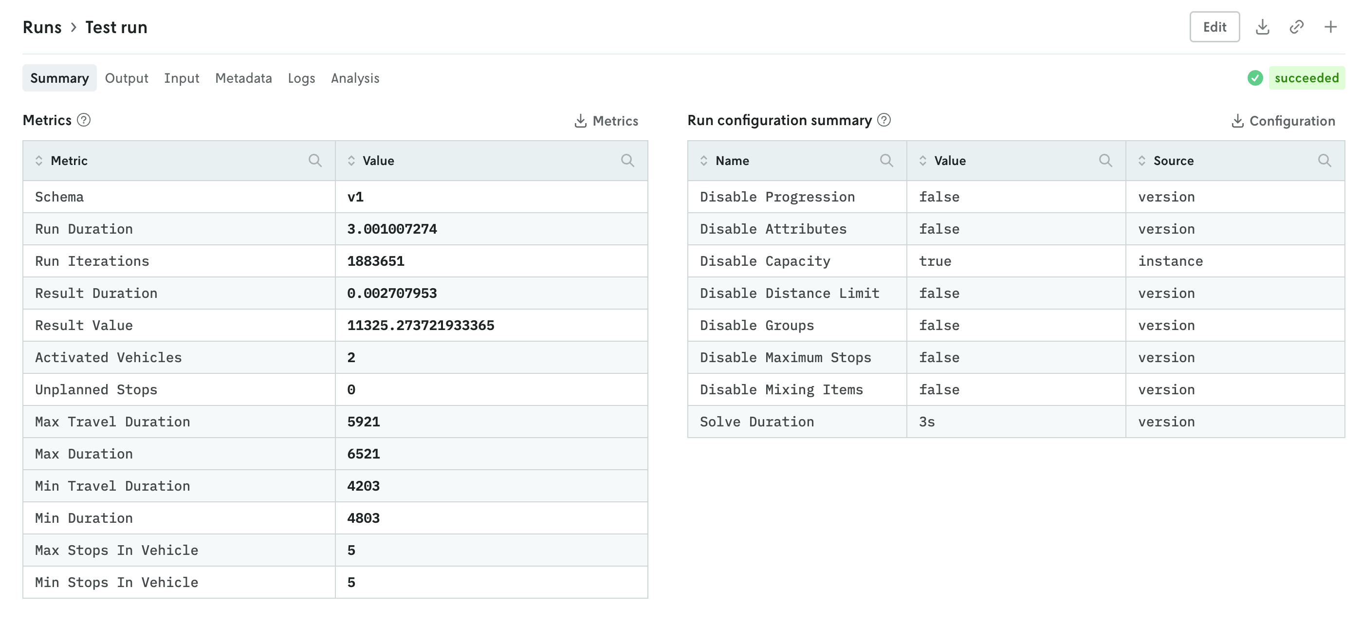 Screenshot of the run details view with the summary tab active showing the run metrics and run options tables.