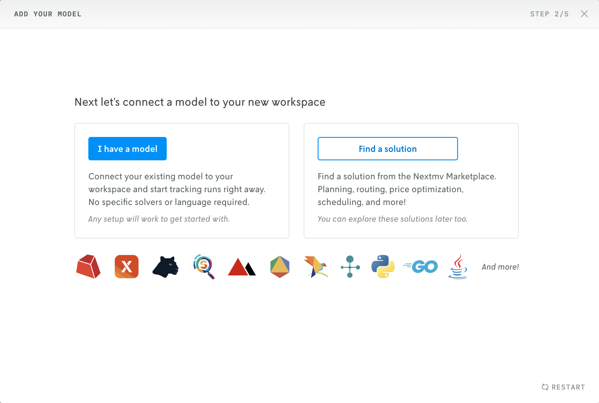 Screenshot of the welcome flow showing the next step: choosing if you want to bring your own model or start from an existing solution.