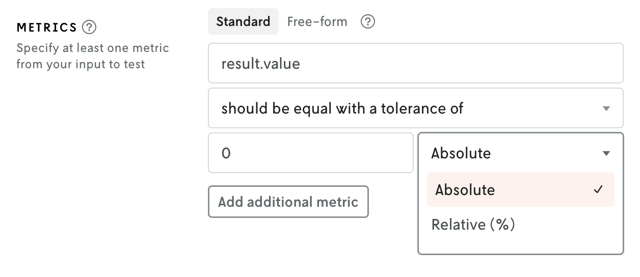 Screenshot of the UI in the create new acceptance test view that allows you to type in the metric you want to track and then define the tolerance type (absolute or relative) and the corresponding value.