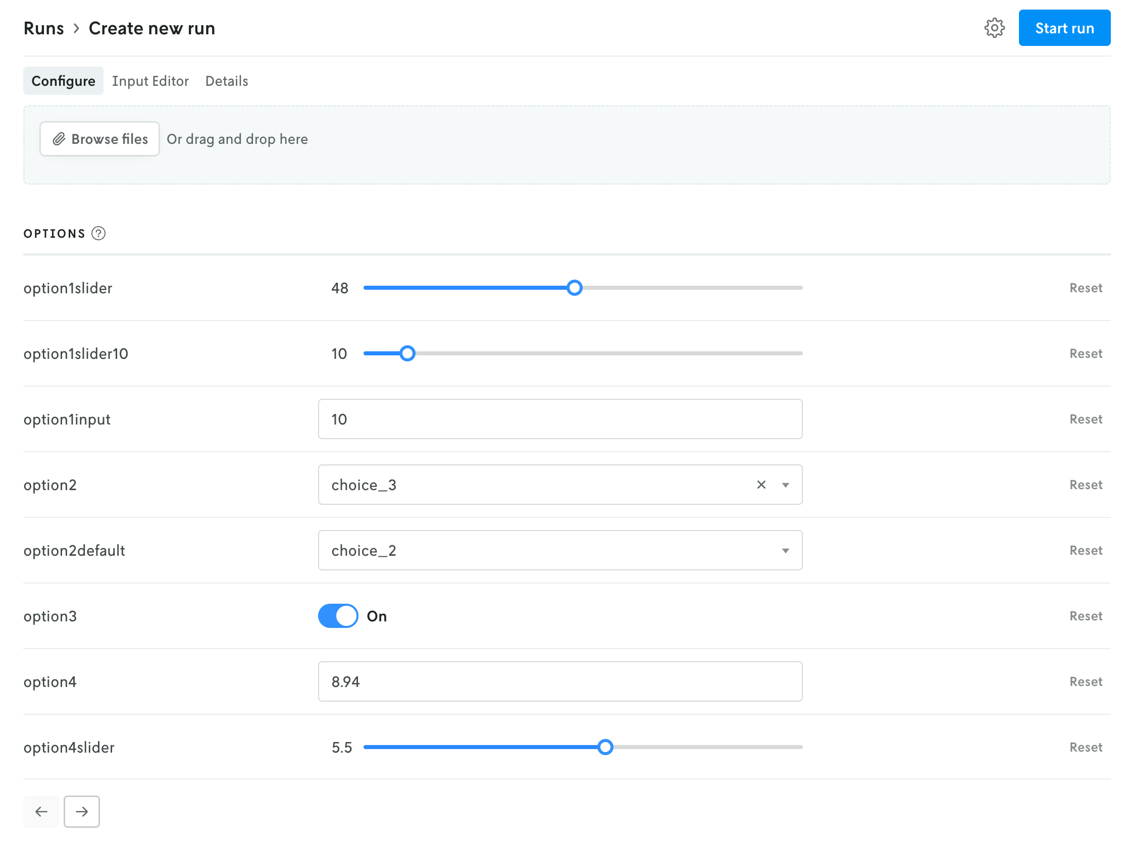 Screenshot of a list of managed options with a variety of different UI controls to specify the value of the option.
