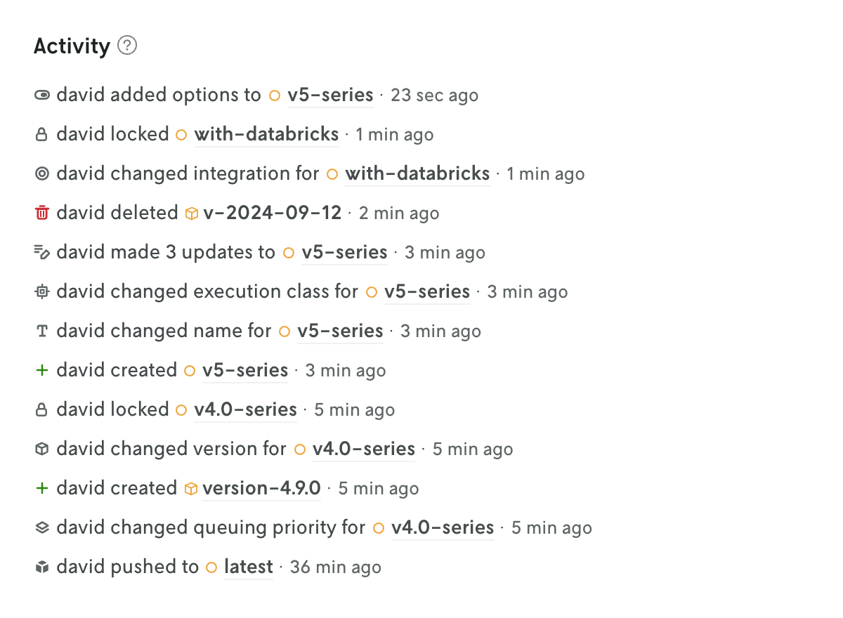 Screenshot of the changelog on an app showing the updates to multiple entities within the app.