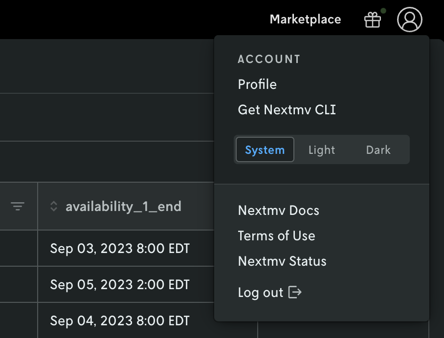 Screenshot showing the profile menu activated with a switch toggle with options for manually changing the UI theme: System, Light, Dark.