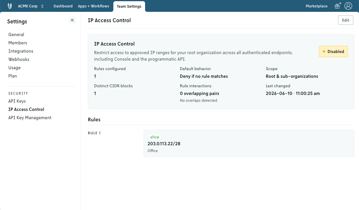 IP Access Control settings page
