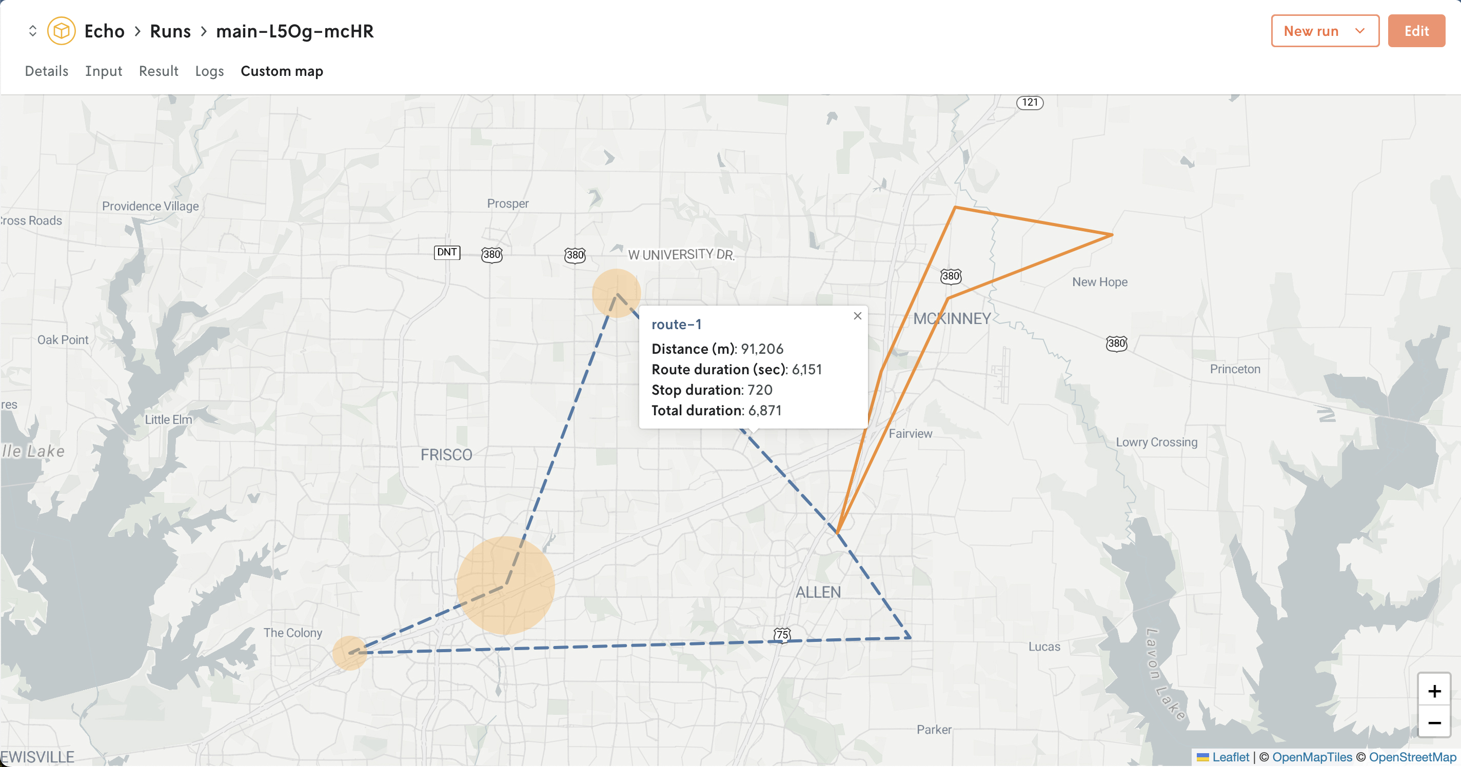 Screenshot of custom map visual showing a few points and lines with custom styles and an active popup displaying the metadata.