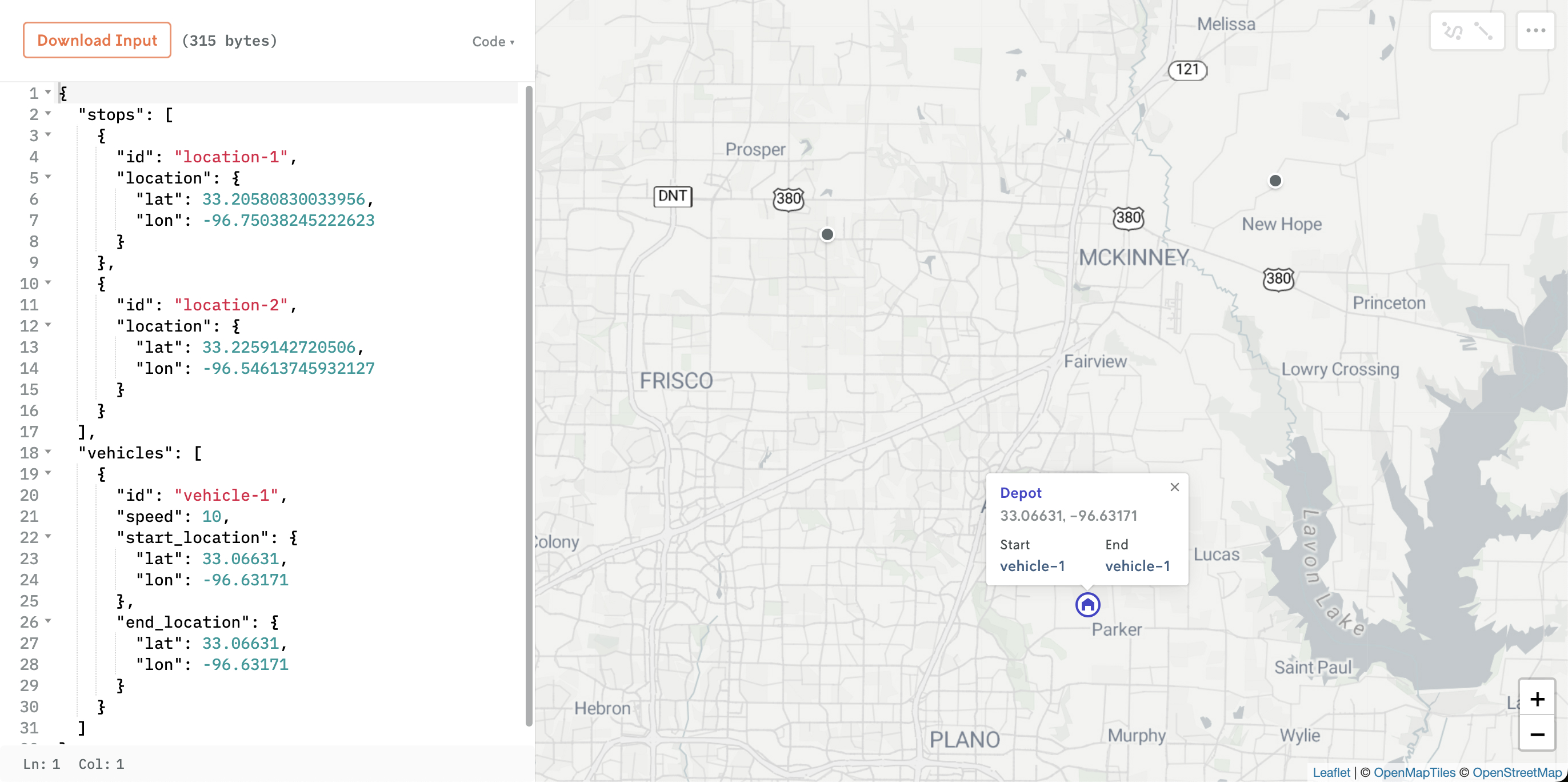 Screenshot showing the two locations and a special depot icon showing the location of the vehicle start and end location.