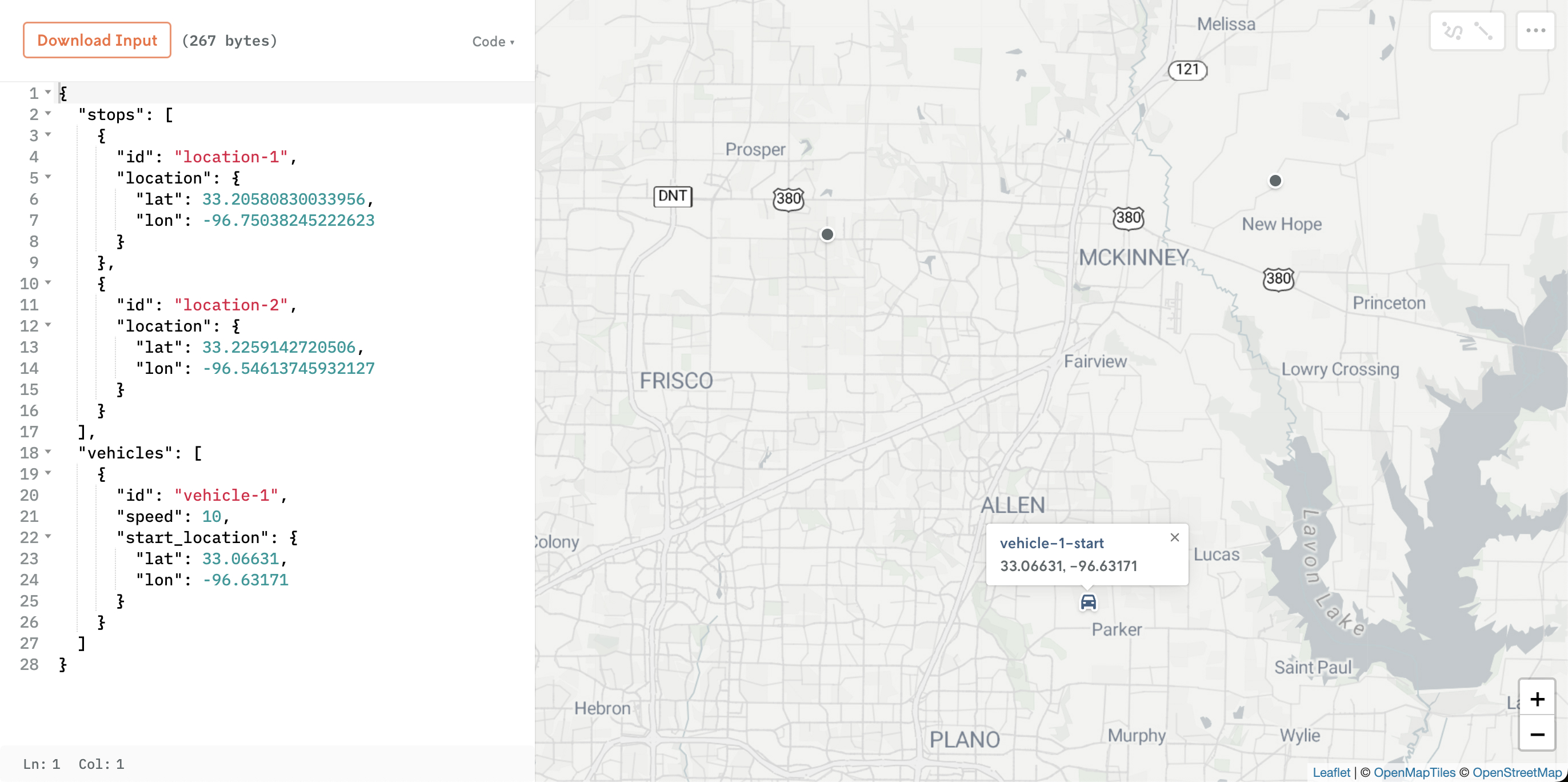 Screenshot showing the two locations and a vehicle start location plotted on a map. The vehicle location is shown with an icon of a car.