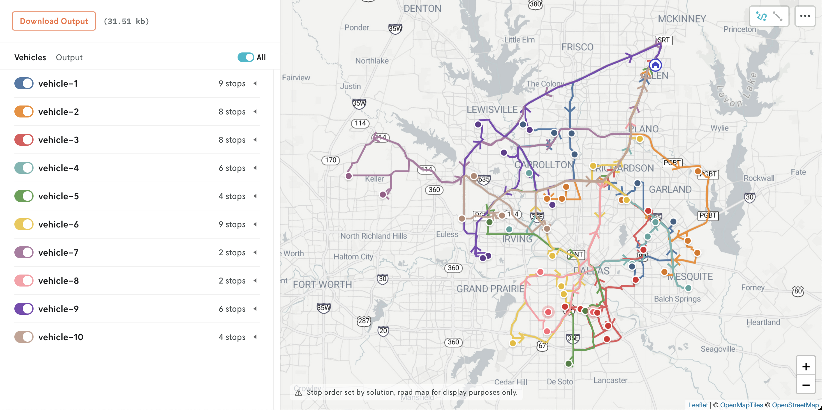 Screenshot showing the result of a routing run with multi-colored routes on a map.