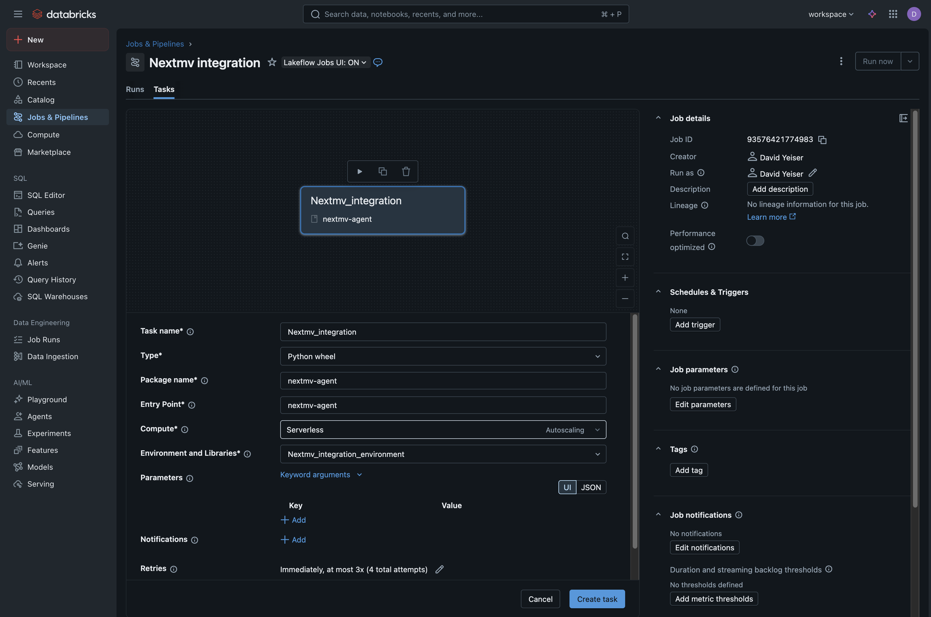 Screenshot showing the filled-in details of the new job before clicking the final Create Task
button