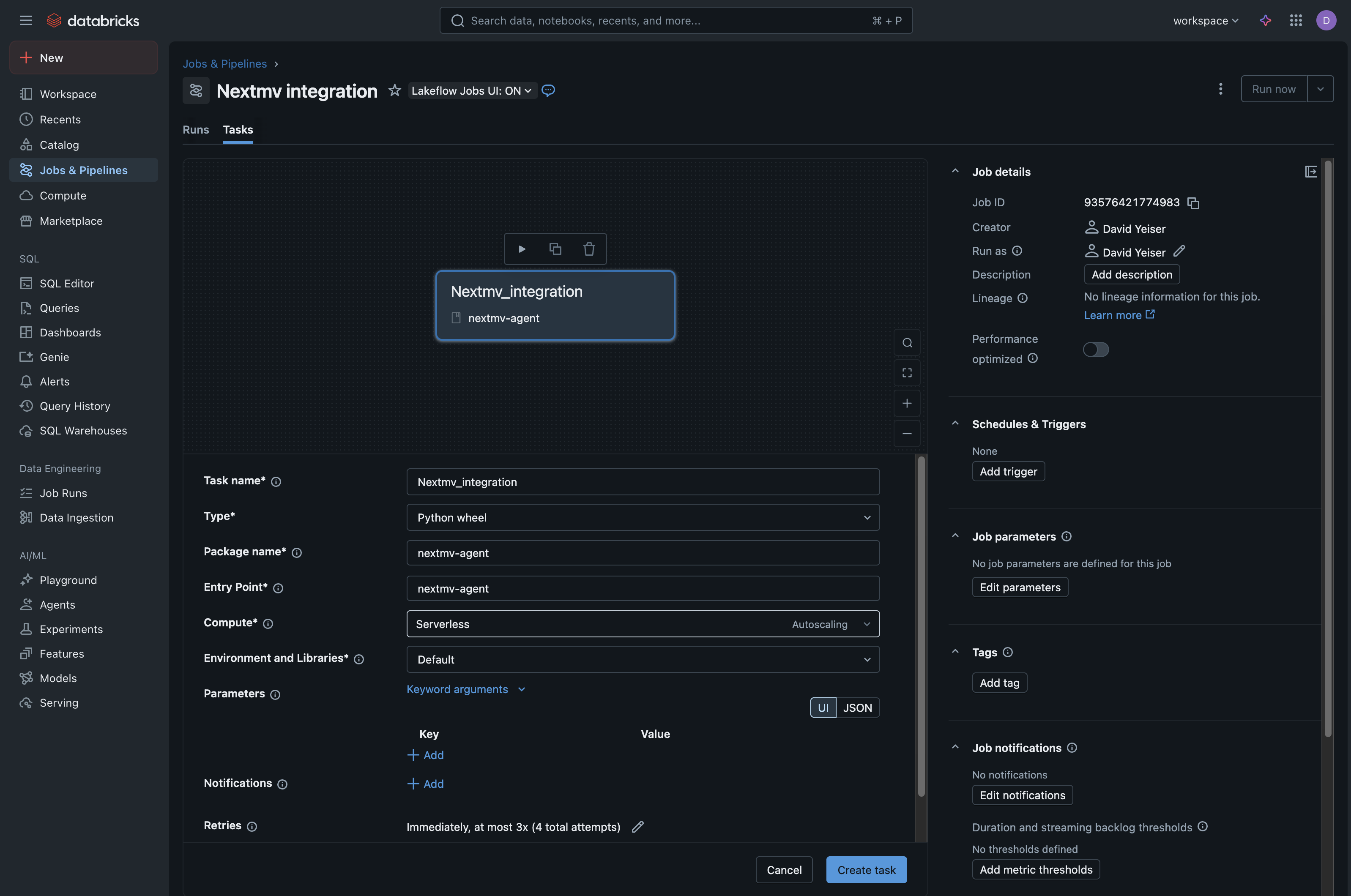 Screenshot in Databricks showing the UI for creating a new Job with the fields
so far described filled out