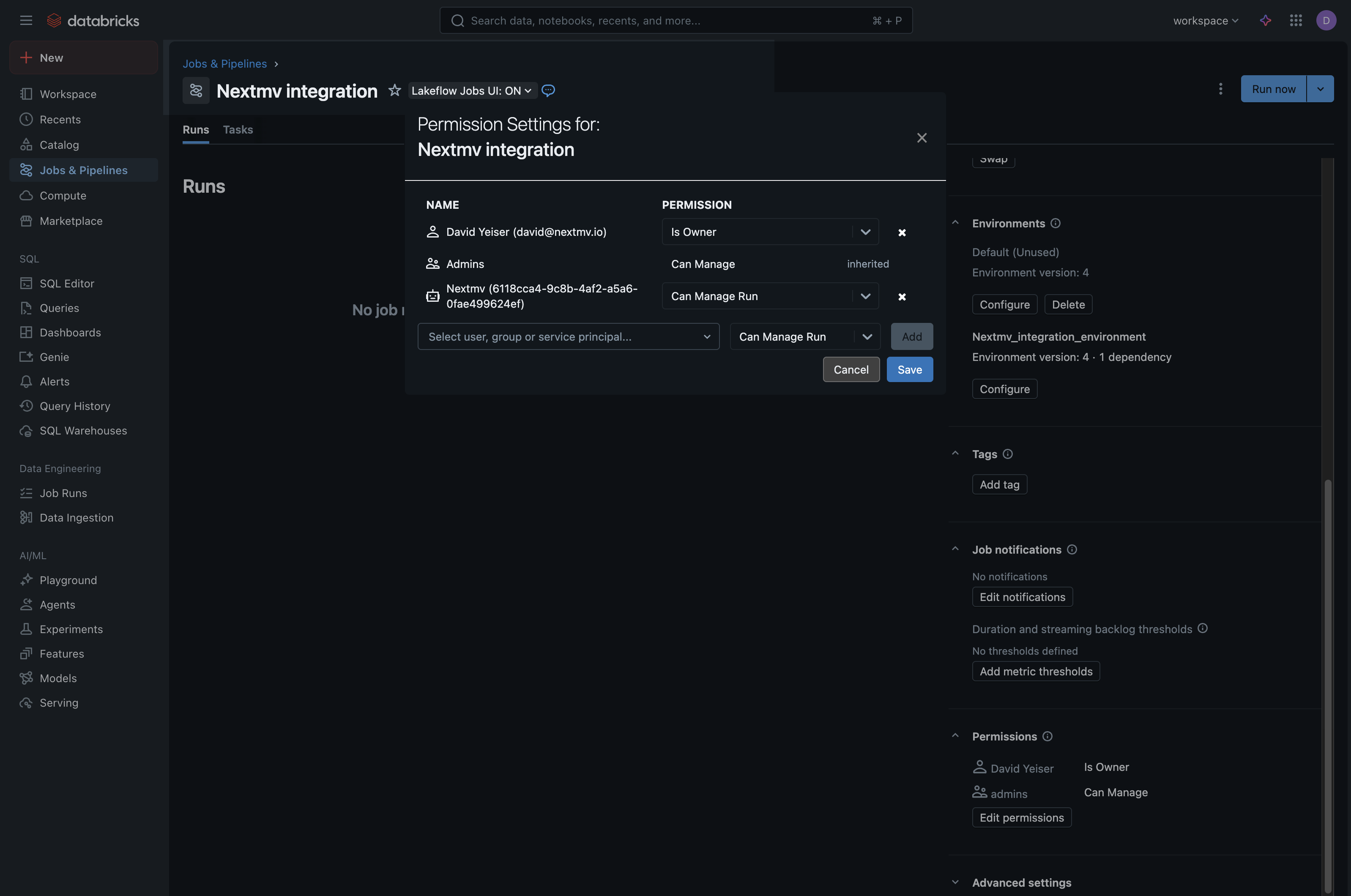 Screenshot showing the UI for setting the selected service principal’s permissions for the
job