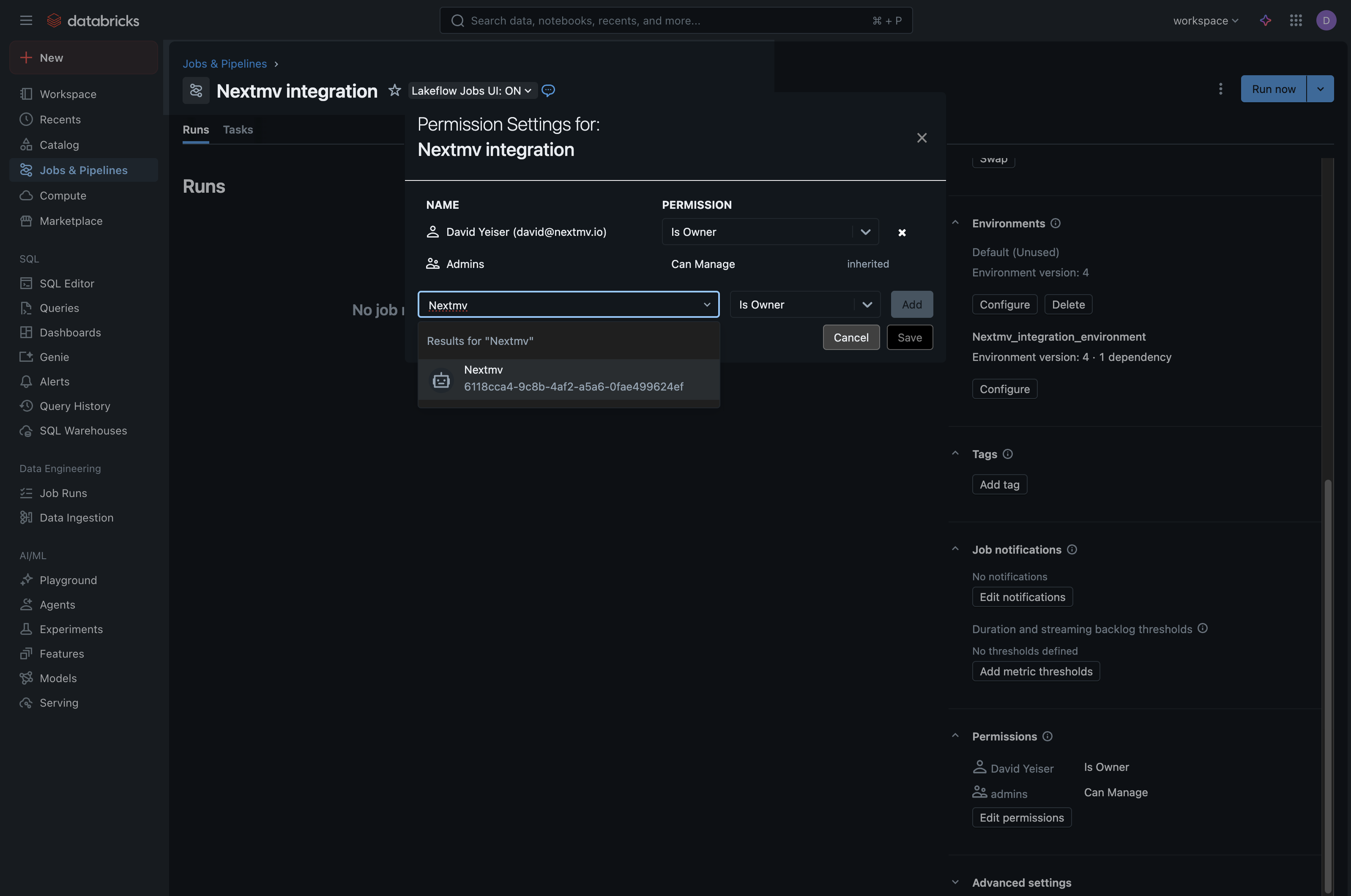 Screenshot showing the UI for selecting a service principal to
add
