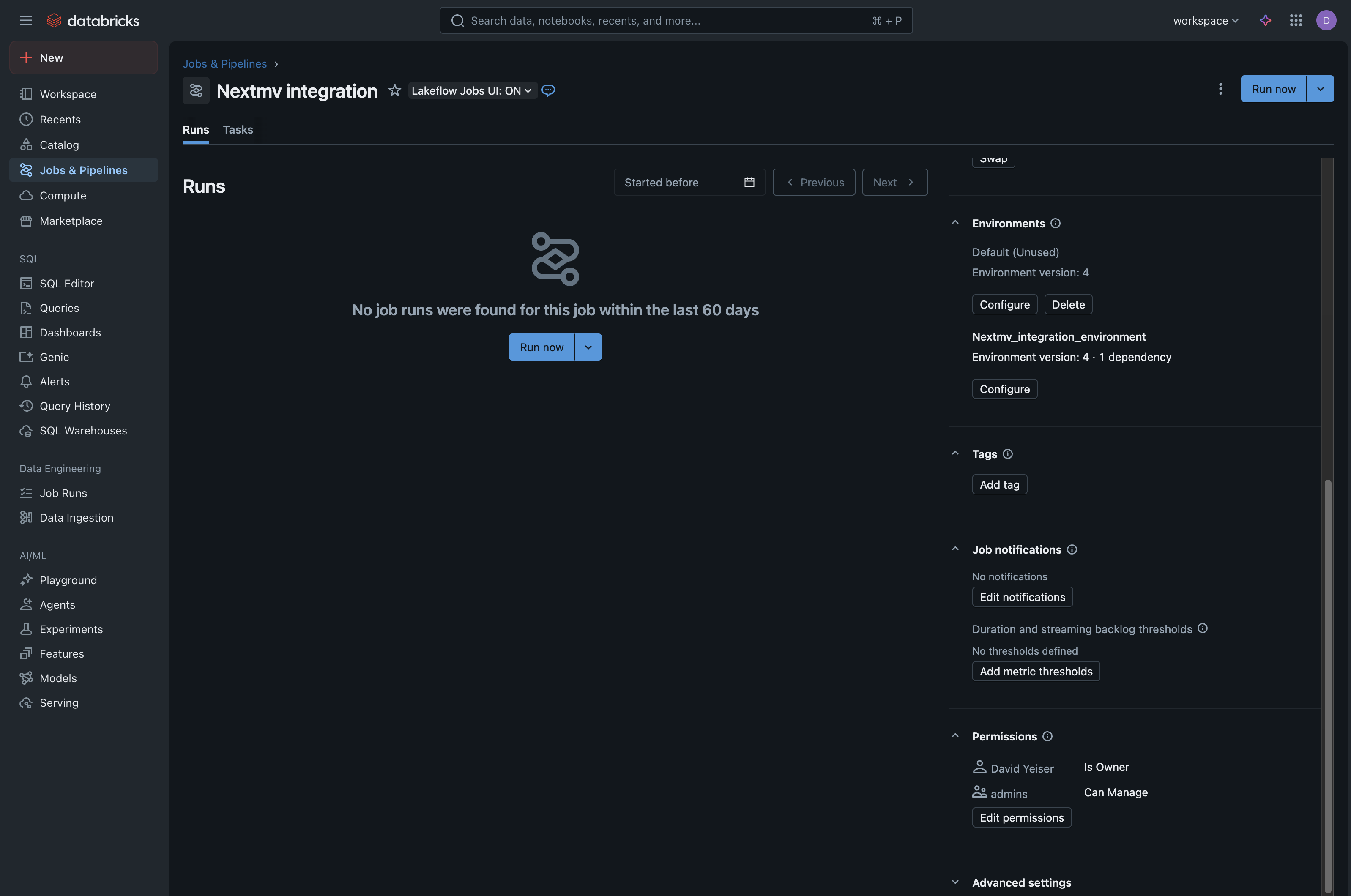 Screenshot showing the job details view scrolled to the bottom where the
permissions section is on the right sidebar