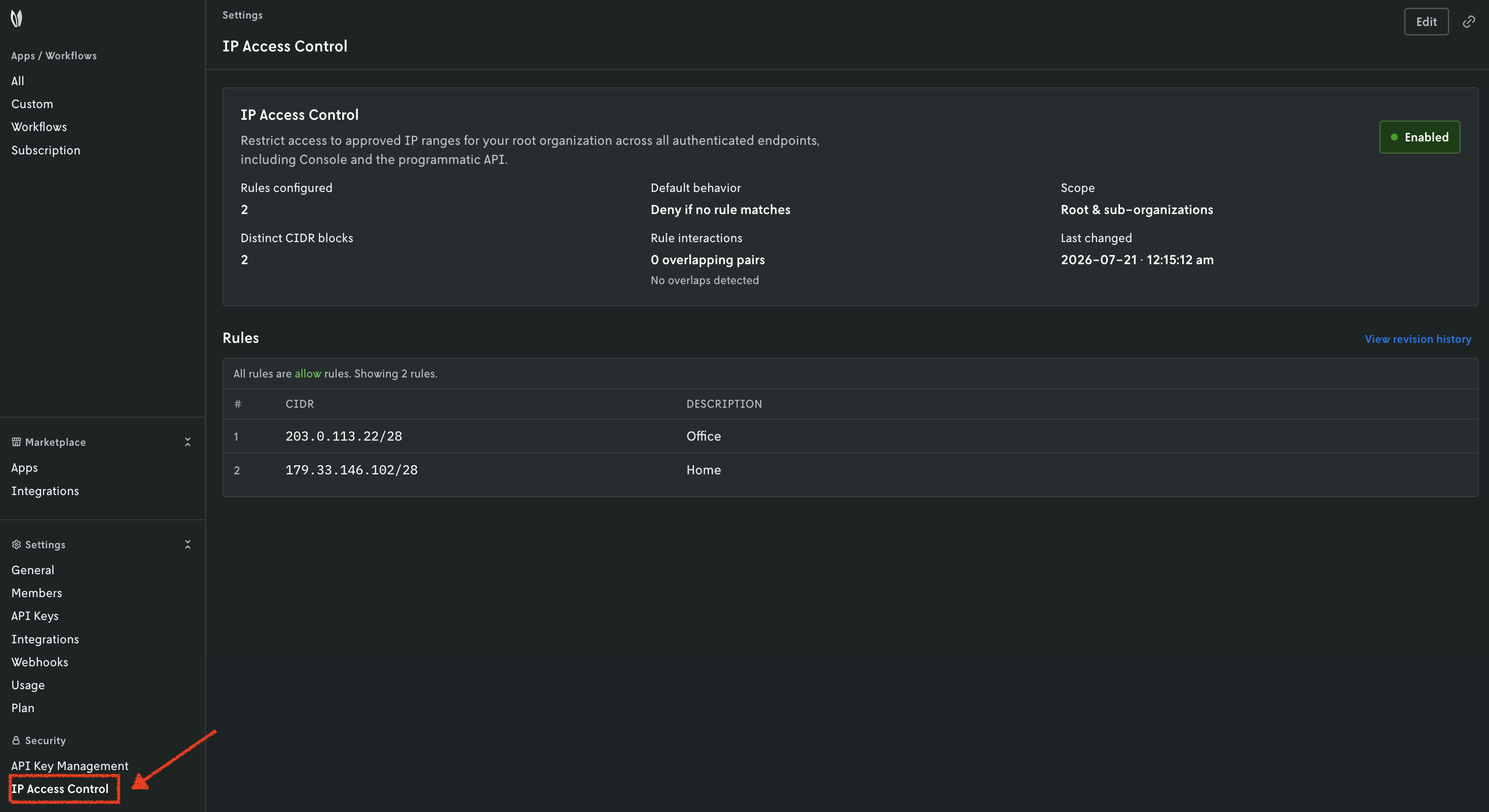 IP Access Control settings page