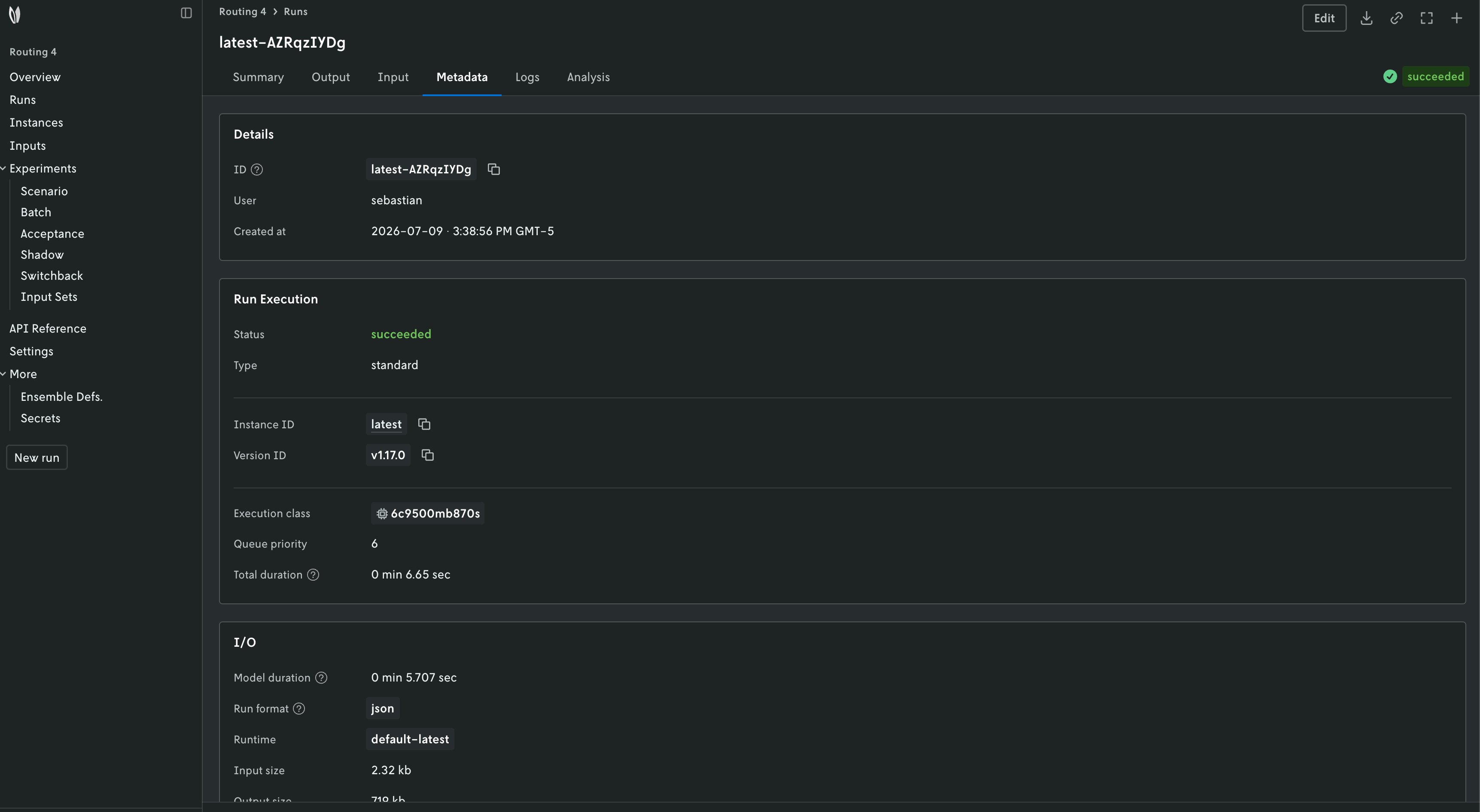 Run metadata console